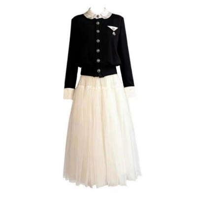 钻翻领针织上衣+白纱网纱蓬蓬裙