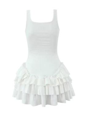 芭蕾方领白色收腰蝴蝶结背心裙修身A字拼接百褶迷你蛋糕超短裙女