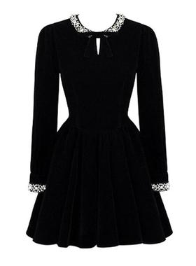 富家千金风连衣裙女秋冬黑色丝绒钉钻泡泡袖气质高级感生日小黑裙