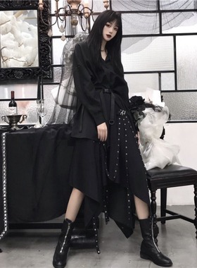 港味朋克风高腰复古裙2025春夏设计感黑色不规则山本半身裙女大摆