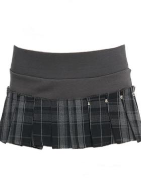 自制美式辣妹卫衣螺纹拼接红格灰格百褶裙亚文化朋克低腰超短裙子