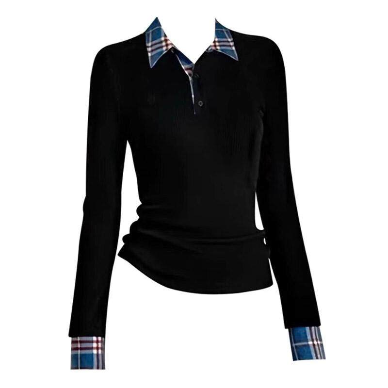 现货设计感小众假两件格纹撞色打底衫修身polo领针织衫长袖上衣秋,女装/女士精品,大码内搭,淘宝优惠券,粉丝福利购,淘宝优惠卷