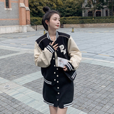 棒球服外套2025新款女春秋短款裙子套装学院风休闲显瘦拼接两件套，女装运动套装，Yologo