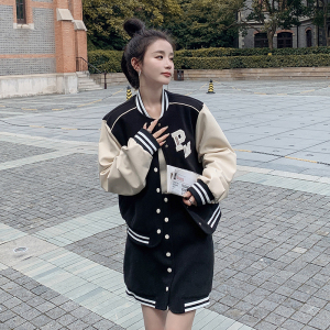 棒球服外套2025新款女春秋短款裙子套装学院风休闲显瘦拼接两件套图片
