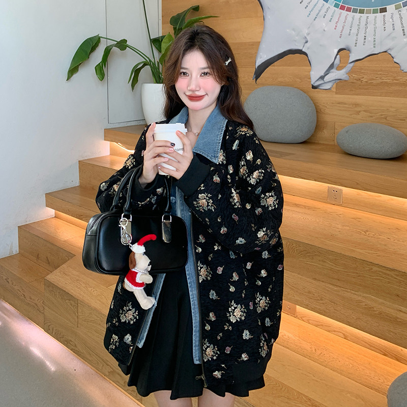 黑色牛仔拼接假两件外套女春季新款休闲宽松时髦洋气减龄提花上衣,女装短外套,Yologo