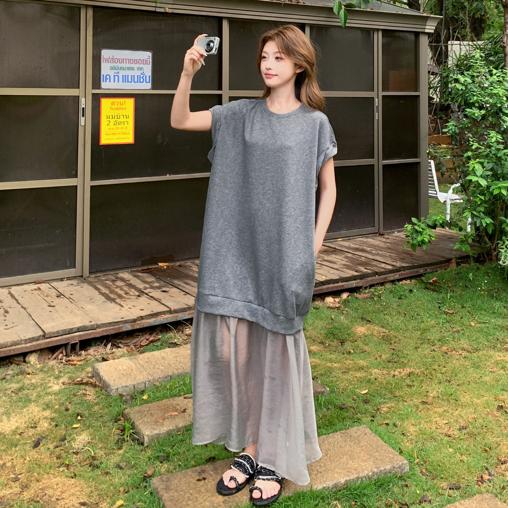 独特漂亮黑色无袖卫衣连衣裙女夏慵懒松弛感鱼尾背心长裙假两件套,女装连衣裙,Yologo