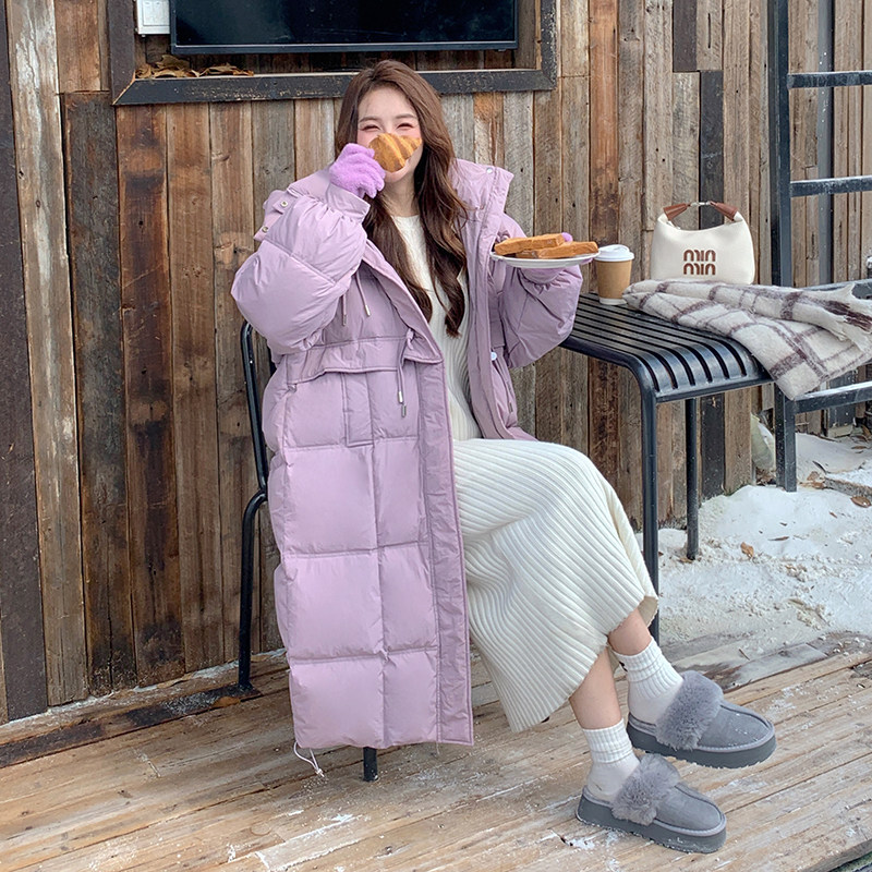 超好看紫色中长款连帽牛角扣鹅绒服女冬2024新款学院风羽绒服外套,女装羽绒服,Yologo