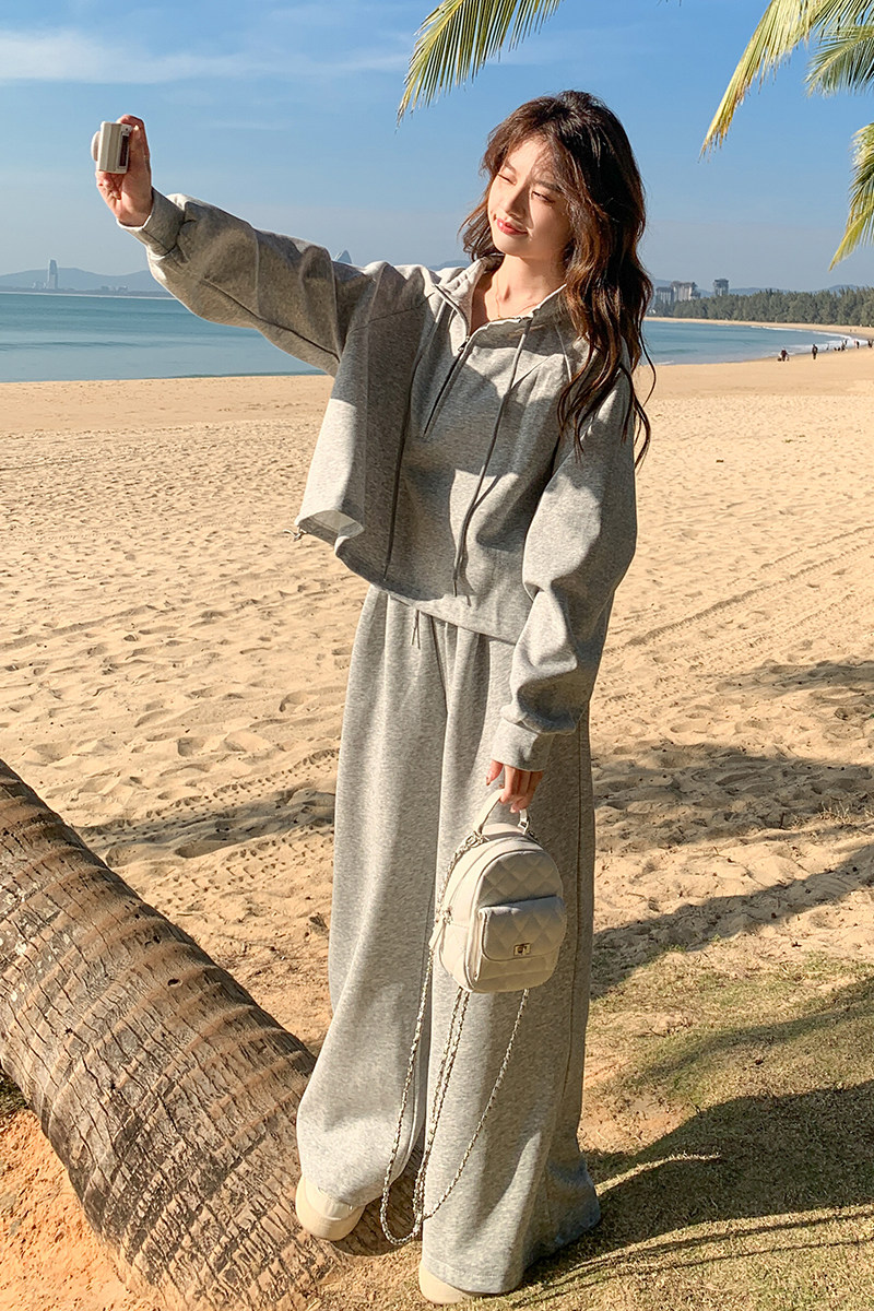 慵懒风灰色休闲卫衣阔腿裤女2025春季新款休闲遮肉百搭,女装运动套装,Yologo