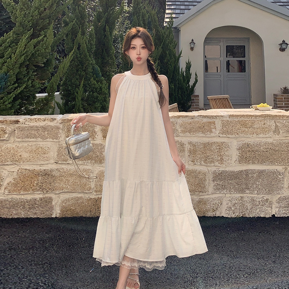 度假风白色连衣裙女2025夏季新款法式高级感气质绝美无袖挂脖长裙,女装连衣裙,Yologo