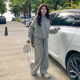 慵懒风灰色休闲卫衣阔腿裤女2025春季新款休闲遮肉百搭，女装运动套装，Yologo