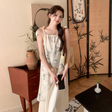 新中式国风碎花气质吊带连衣裙女2025夏季新款宽松显瘦假两件长裙，女装连衣裙，Yologo