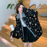 黑色牛仔拼接假两件外套女春季新款休闲宽松时髦洋气减龄提花上衣，女装短外套，Yologo