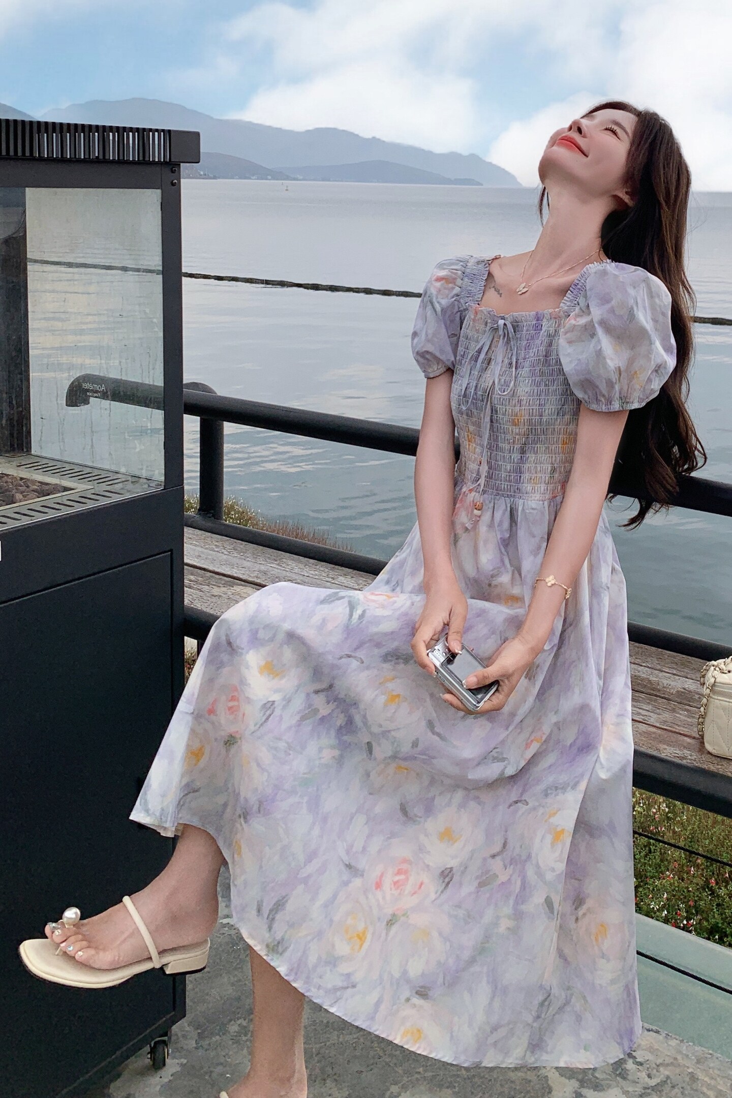 法式温柔甜美度假A字裙女2025夏季绝美紫色碎花晕染泡泡袖连衣裙,女装连衣裙,Yologo