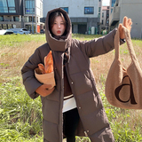 美拉德咖色长款连帽羽绒服女冬2024新款高级感炸街加厚白鹅绒外套，女装羽绒服，Yologo