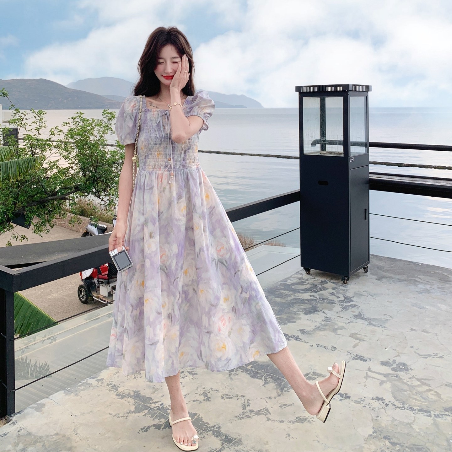 法式温柔甜美度假A字裙女2025夏季绝美紫色碎花晕染泡泡袖连衣裙,女装连衣裙,Yologo