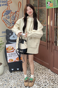 韩版米白色连帽工装外套女2025春秋季新款宽松显瘦休闲设计感上衣图片
