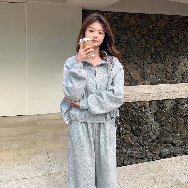 慵懒风灰色休闲卫衣阔腿裤女2025春季新款休闲遮肉百搭,女装运动套装,Yologo