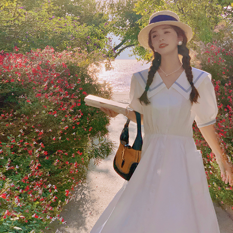 法式茶歇白色泡泡袖连衣裙女夏2025新款设计感宽松少女初恋长裙子，女装连衣裙，Yologo