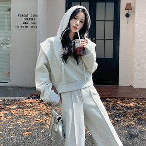 韓系學(xué)院風(fēng)減齡連帽衛(wèi)衣女秋季新款休閑運(yùn)動(dòng)寬松闊腿褲圖片