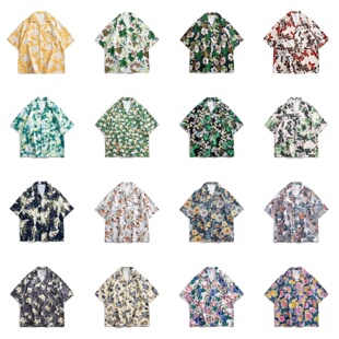 港味复古巴古领短袖花衬衫男女oversize潮流夏威夷风痞帅宽松衬衣