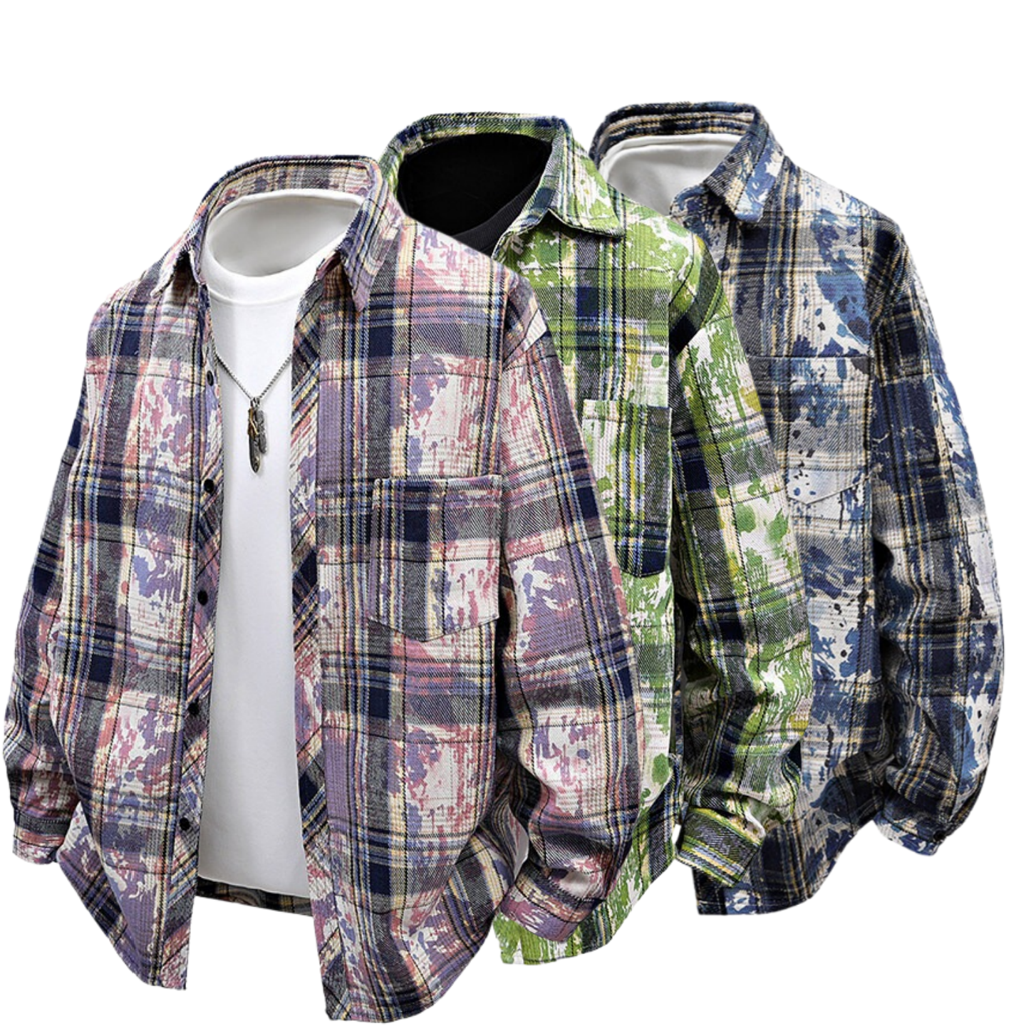 美式复古扎染格子衬衫男生春秋高级感长袖衬衣潮牌小众情侣款外套