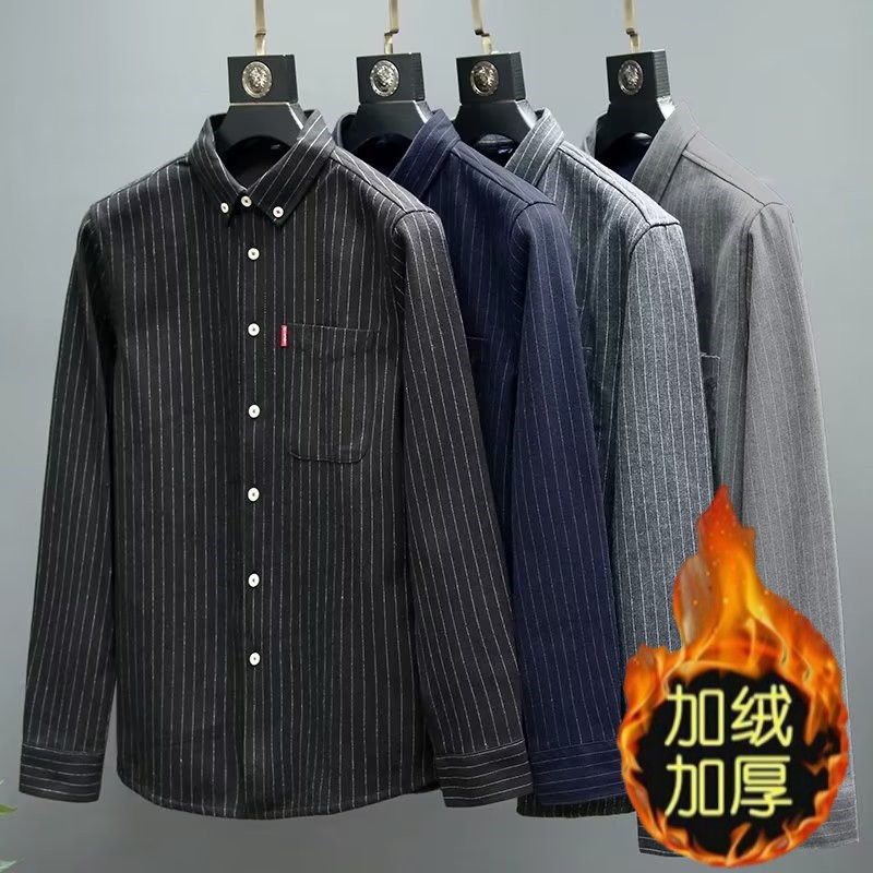 秋冬新款加绒加厚条文衬衫
