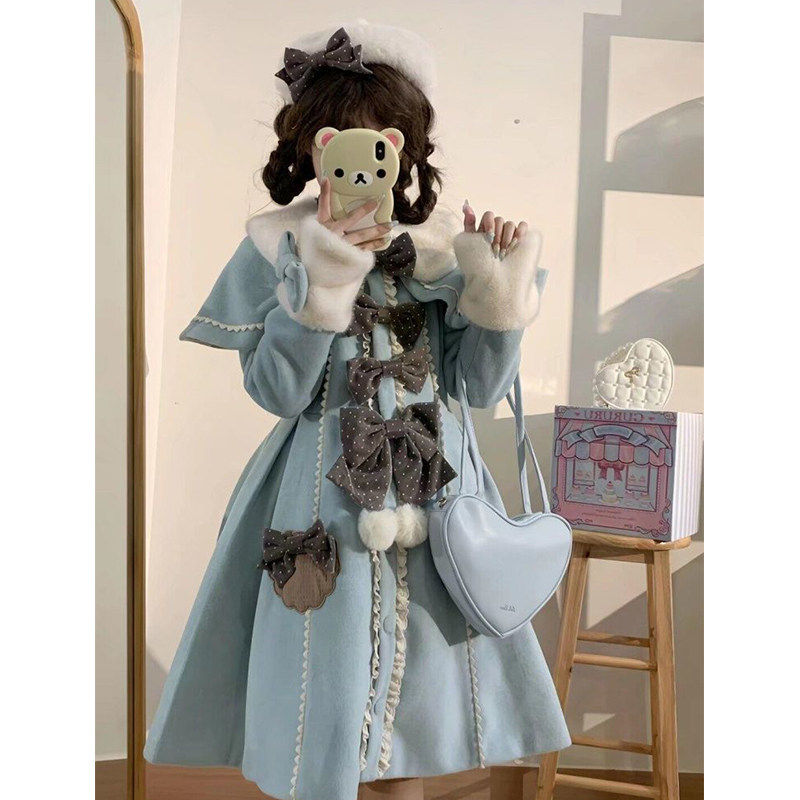 蓝色可爱甜美lolita外套蝴蝶结毛呢披肩斗篷两件套女洛丽塔大衣