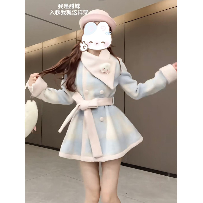 甜美围巾毛呢大衣套装女秋冬新款氛围感可爱两件套洛丽塔lolita裙