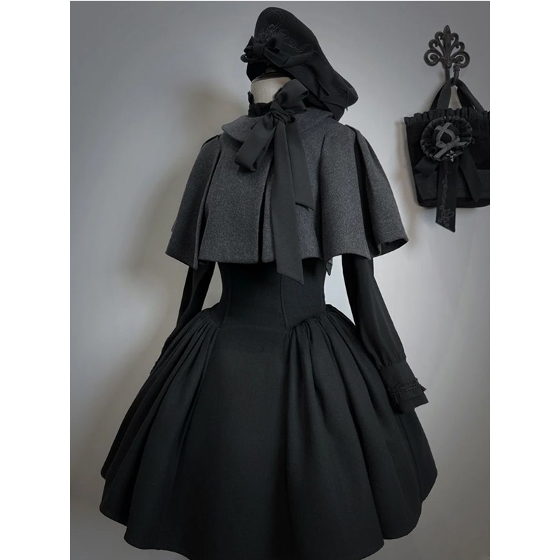 千金感复古冬新款优雅灰色蝴蝶结斗篷披肩+收腰显瘦连衣裙三件套