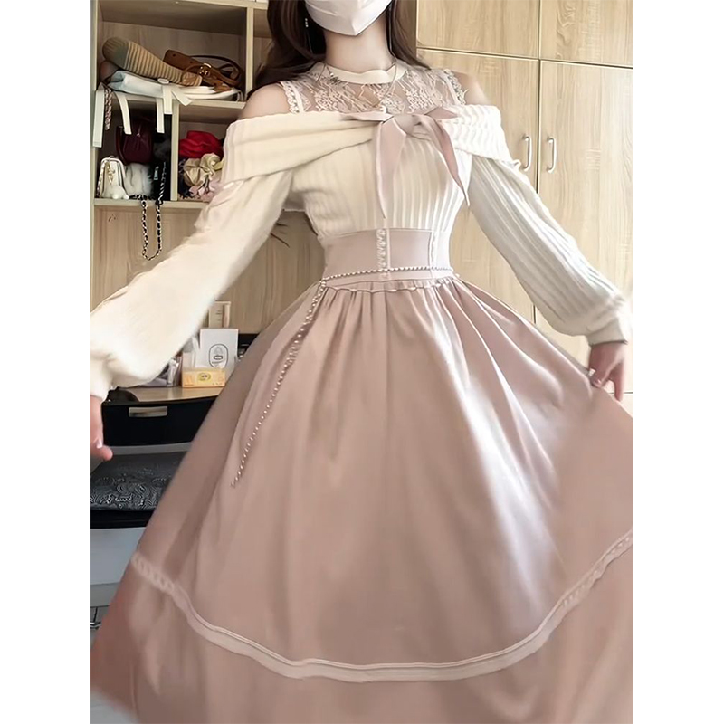 清楚系优雅温柔浅粉露肩连衣裙秋季日系白月光长裙洛丽塔lolita裙