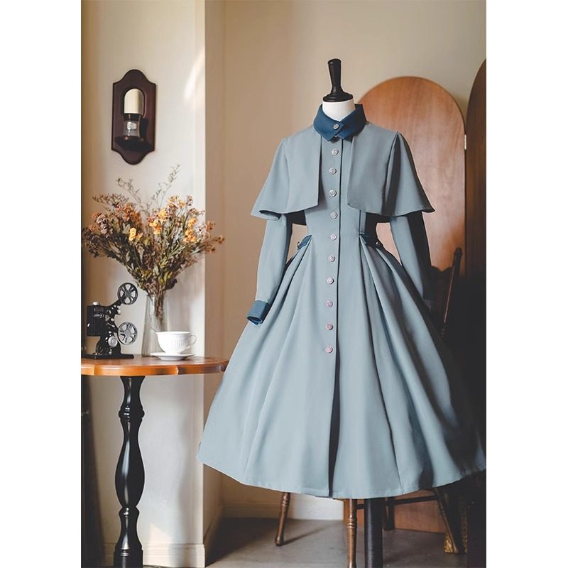 灰蓝色优雅复古典全开襟气质外套lolita风大衣连衣裙洛丽塔