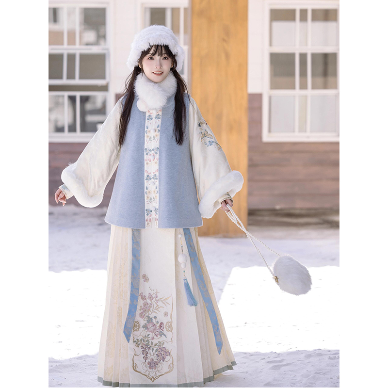 汉服女刺绣立领短衫比甲明制长马面保暖套装短袄明制国风秋冬款