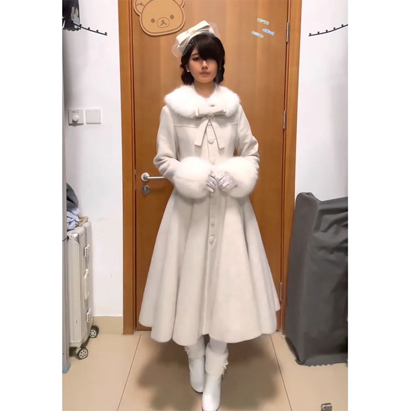 冬季日系Lolita气质大小姐设计感中长款毛呢大衣女收腰气质洛丽塔