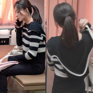 凡人歌殷桃沈琳同款 连帽条纹针织衫 上衣女装 毛衣百搭气质春秋新款
