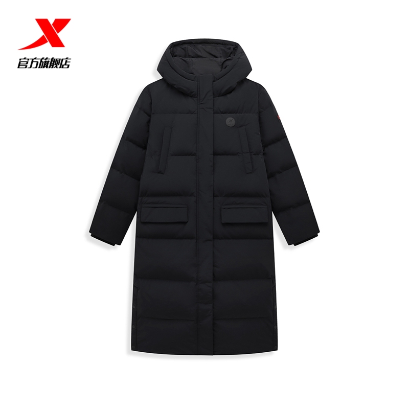 连帽鹅绒羽绒服特步CHINA中长款