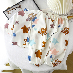 婴儿绵绸衣服男女童短袖长裤空调家居服儿童人造棉睡衣宝宝套装夏