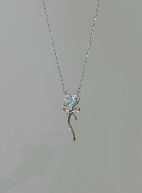 LolaWhite「海洋芭蕾」s925纯银冰蓝托帕爱心蝴蝶结项链奢华甜美