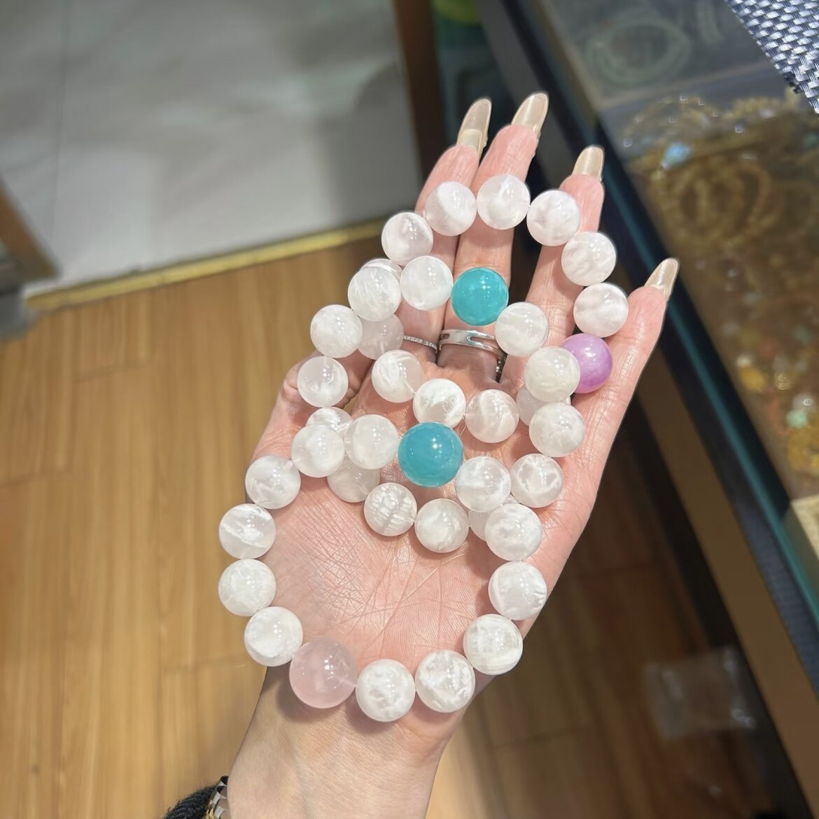 雪花幽灵手链14mm搭配天河石粉晶