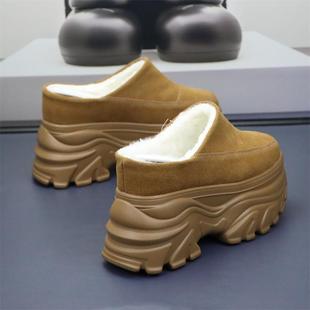 厚底增高12CM勃肯女外穿一脚蹬加绒拖鞋秋冬小个子10cm包头保暖鞋