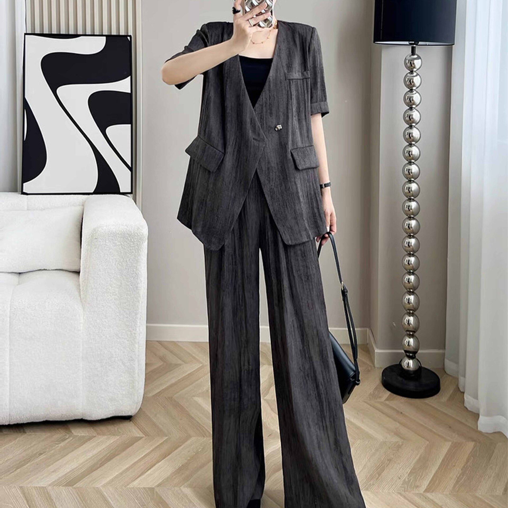 2025夏季新款大码女装胖mm薄款短袖西装套装阔腿裤两件套 A2552款