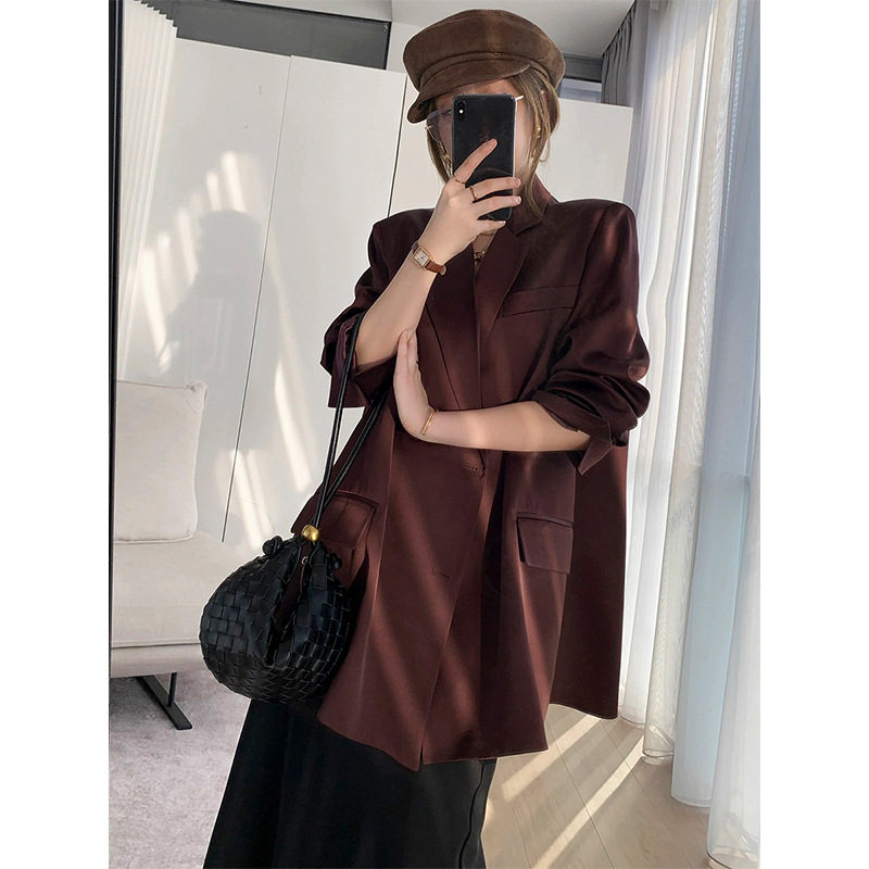 2026春季大码女装红咖色西装外套女宽松阔版胖mm吊带裙套裙AA2601