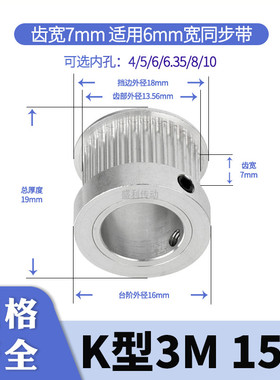 同步轮3M15齿宽7内孔4/5/6/6.35/8同步带轮HTPA153M060-K电机带轮