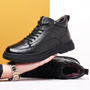 冬季头层牛皮羊毛男士棉鞋真皮加绒保暖皮鞋休闲中年爸爸男鞋男款