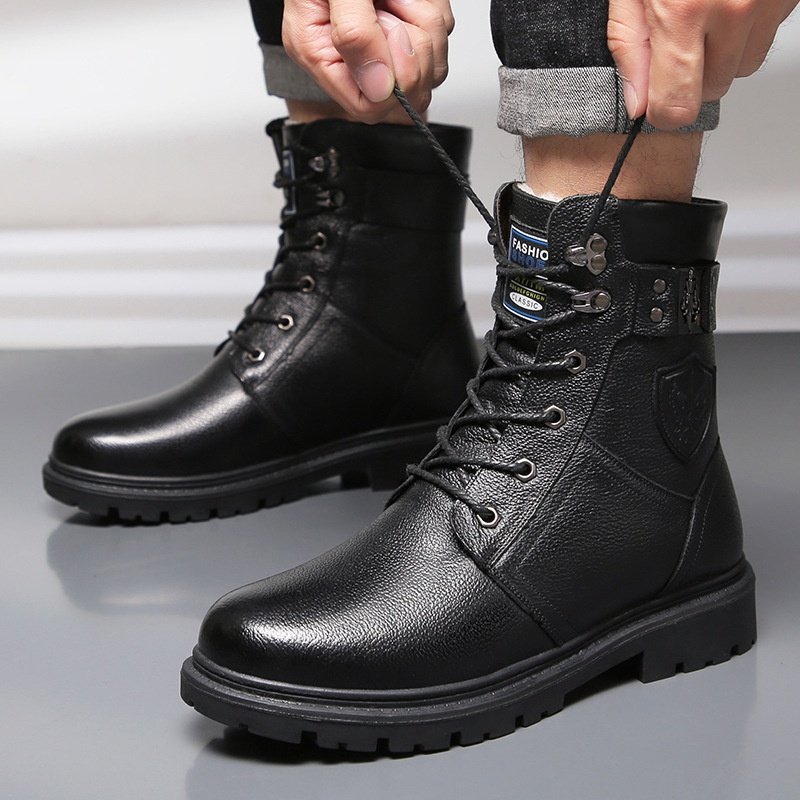 冬季马丁靴男高帮加绒保暖棉鞋牛仔靴内中帮工装靴雪地皮靴子爆款