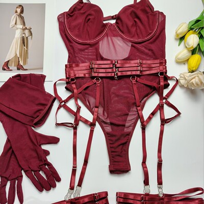 Sexy lingerie straps, garters, gloves, one-piece pajamas set