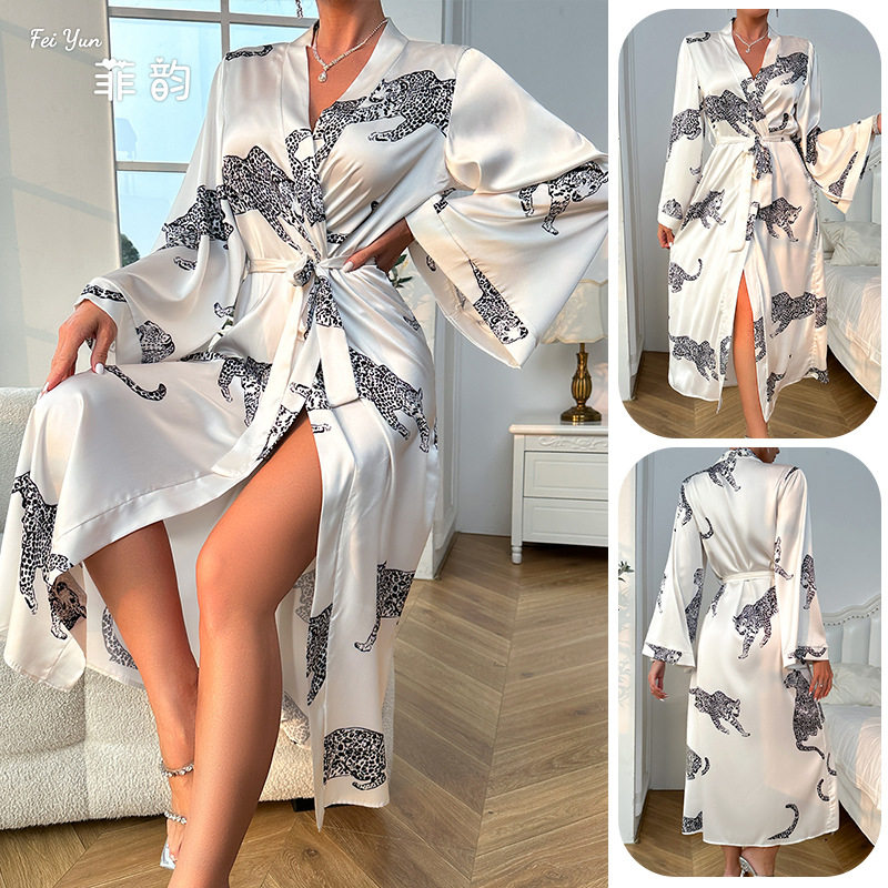Women's long nightgown女士长款缎面浴袍睡袍长袖系带性感家居服