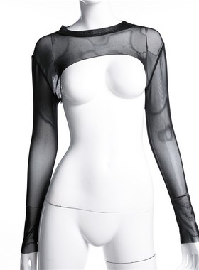 sexy long sleeve black fitted crop mesh sleeve top women sm