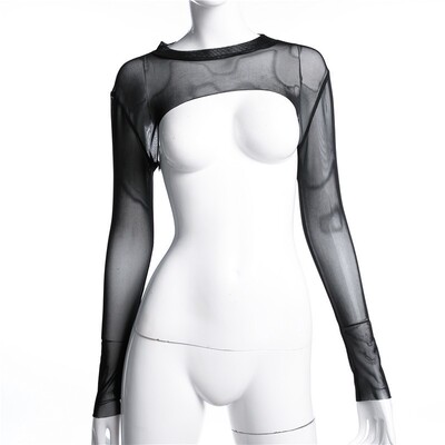 sexy long sleeve black fitted crop mesh sleeve top women sm