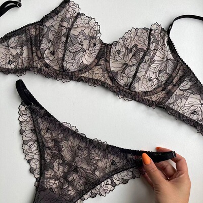Perspective bra triangle pants underwear set带钢圈文胸三角裤