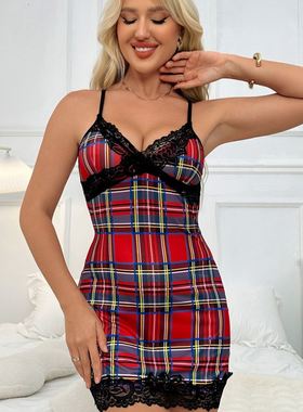 Plaid Sleepdress Women Sexy Lingerie Lace Underwear Nightgow